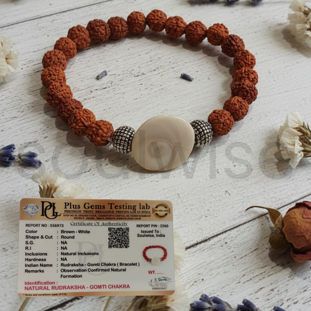 Rudraksha Bracelet with Gomti Chakra Charm – Natural Spiritual Protection, Healing Bracelet