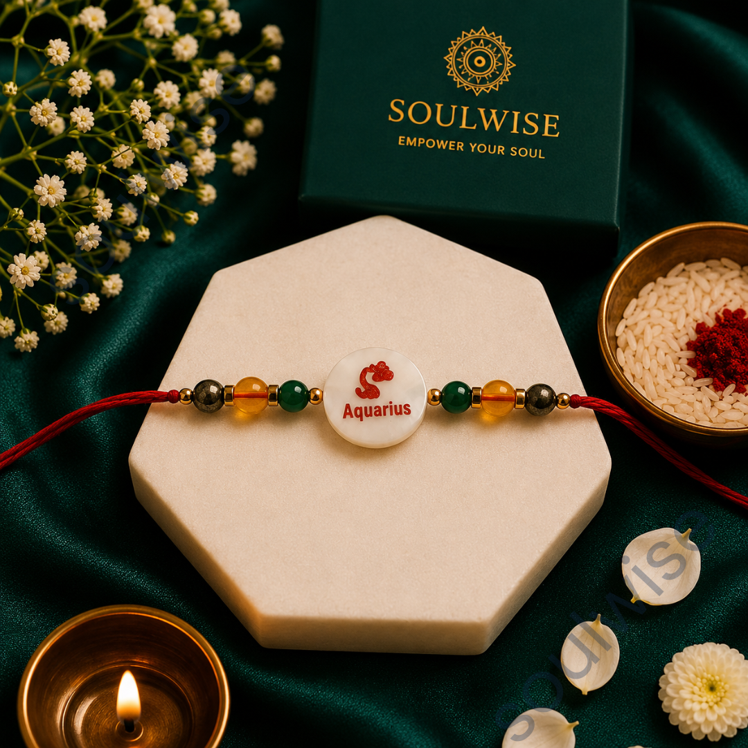 Money Magnet Aquarius Rakhi – Green Jade, Citrine, Pyrite & Mother of Pearl Zodiac Rakhi for Prosperity, Wisdom & Positive Energy