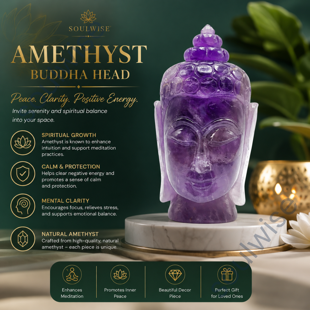 Natural Amethyst Buddha Head Statue | Crystal Buddha for Peace, Wisdom, Meditation & Spiritual Healing | Home & Office Decor
