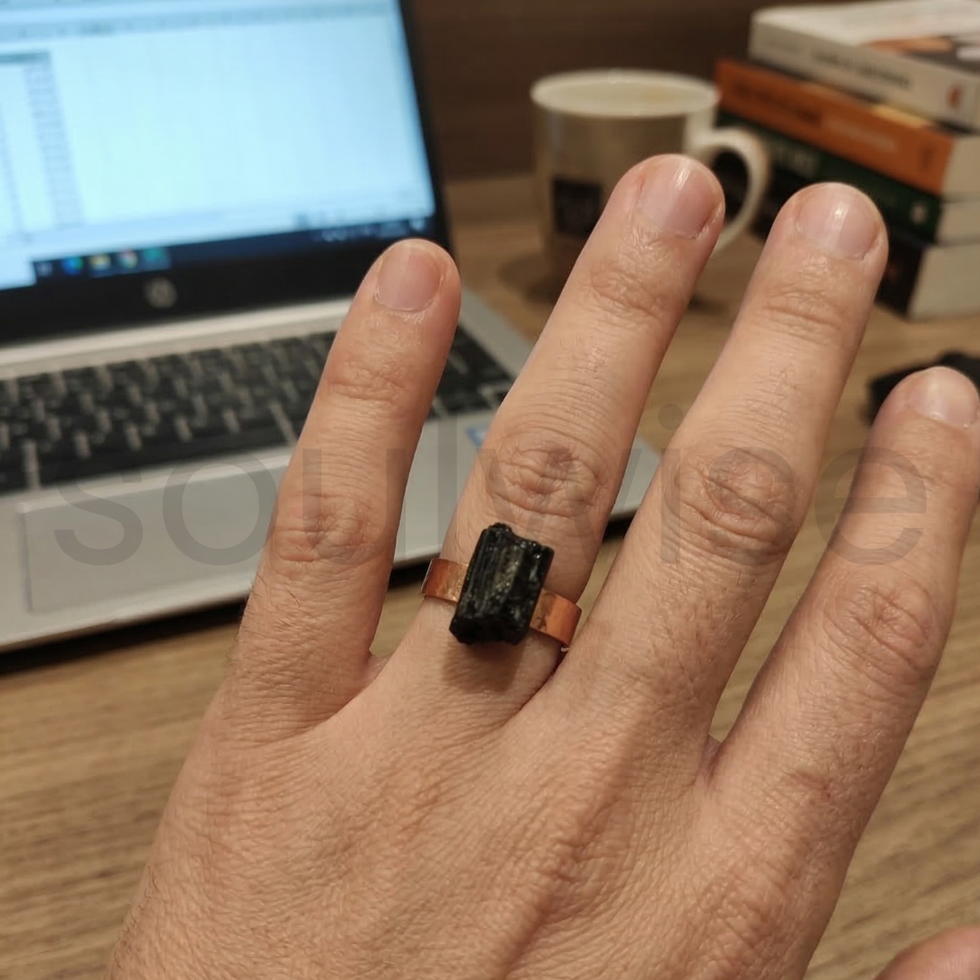 Black Tourmaline copper ring, adjustable, for protection, energy healings, and well-being, unisex copper ring