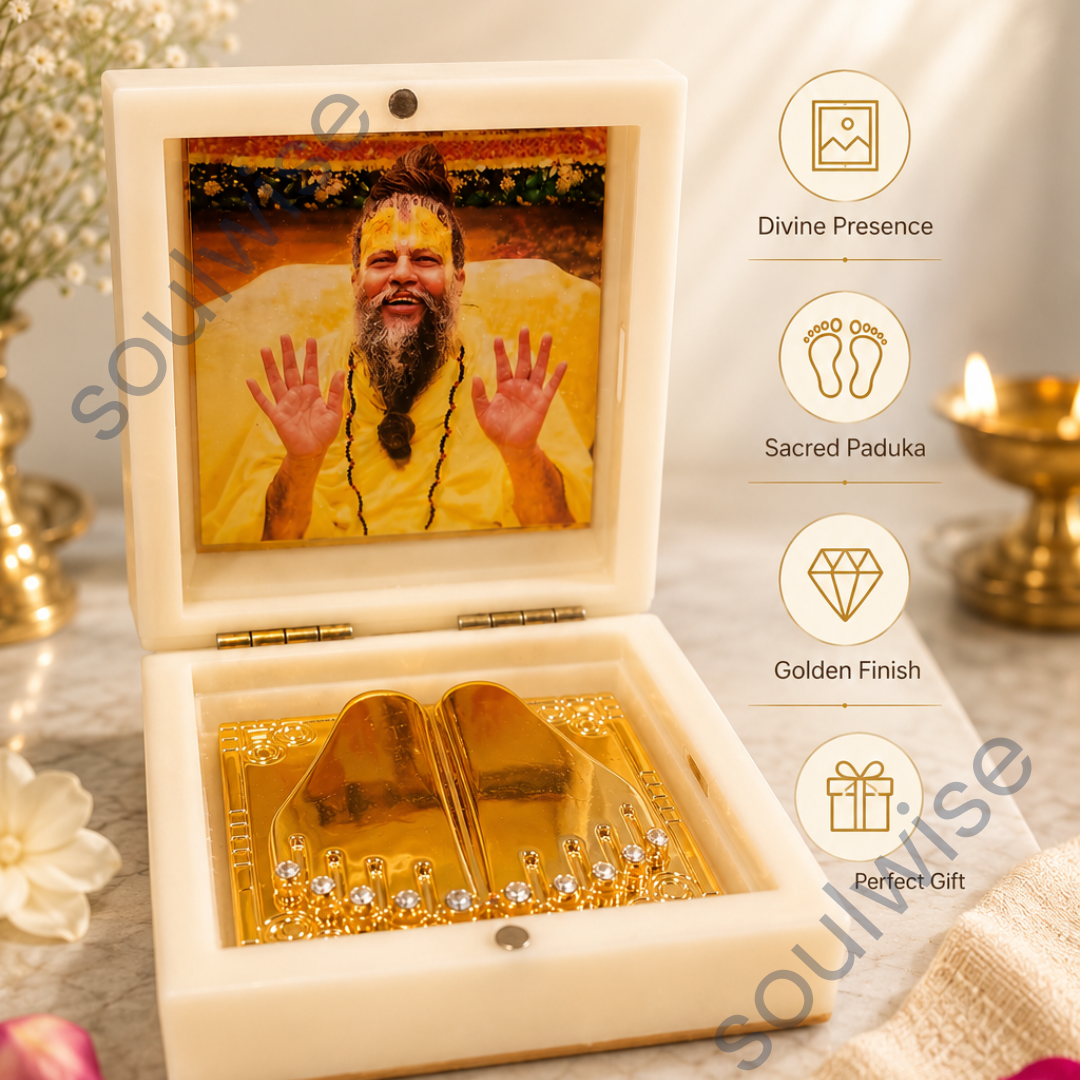 Shree Premanand Ji Maharaj Golden Paduka with Photo Frame Box – Premium Spiritual Showpiece for Home Temple, Office & Pooja Room (3x3 Inch)