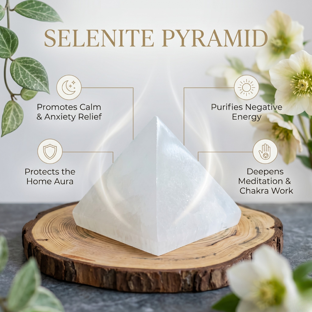 Selenite Pyramid – White Crystal Showpiece for Meditation, Home Décor, Sacred Spaces & Spiritual Gifting