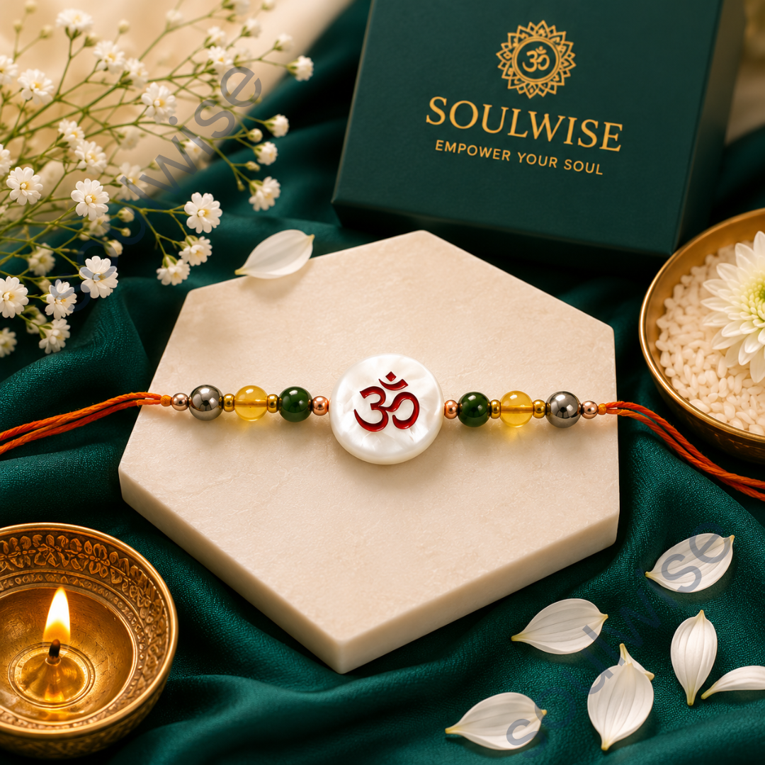 Money Magnet OM Rakhi – Green Jade, Citrine, Pyrite & Mother of Pearl Rakhi for Prosperity, Protection & Positive Energy