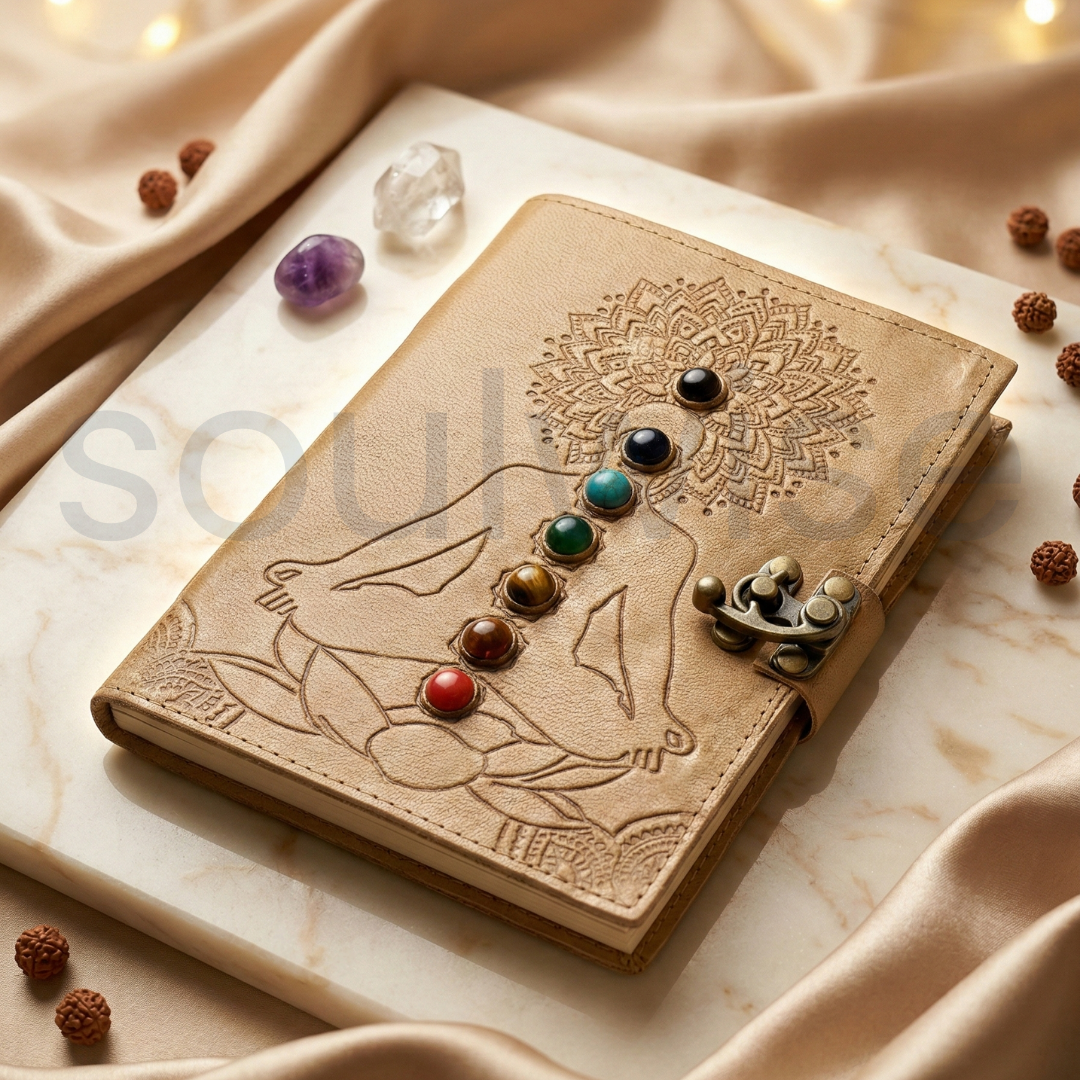 Manifestation Journal Leather Bound Diary with Seven Chakra Crystal Lock Closure
