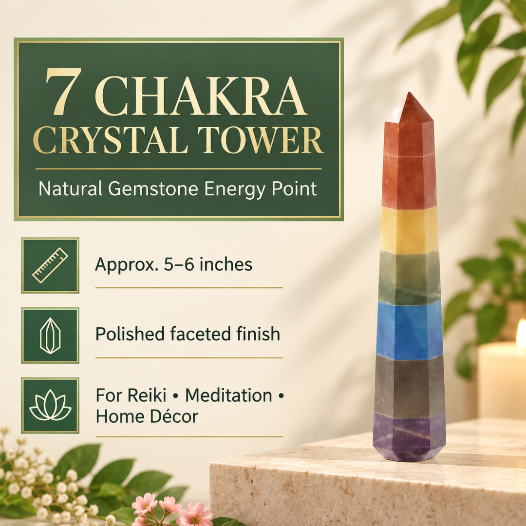 Seven Chakra Crystal Wand / Tower – Natural 7 Chakra Healing Gemstone Point for Energy Balancing, Positive Energy, Reiki, Meditation, Spiritual Alignment & Home Décor