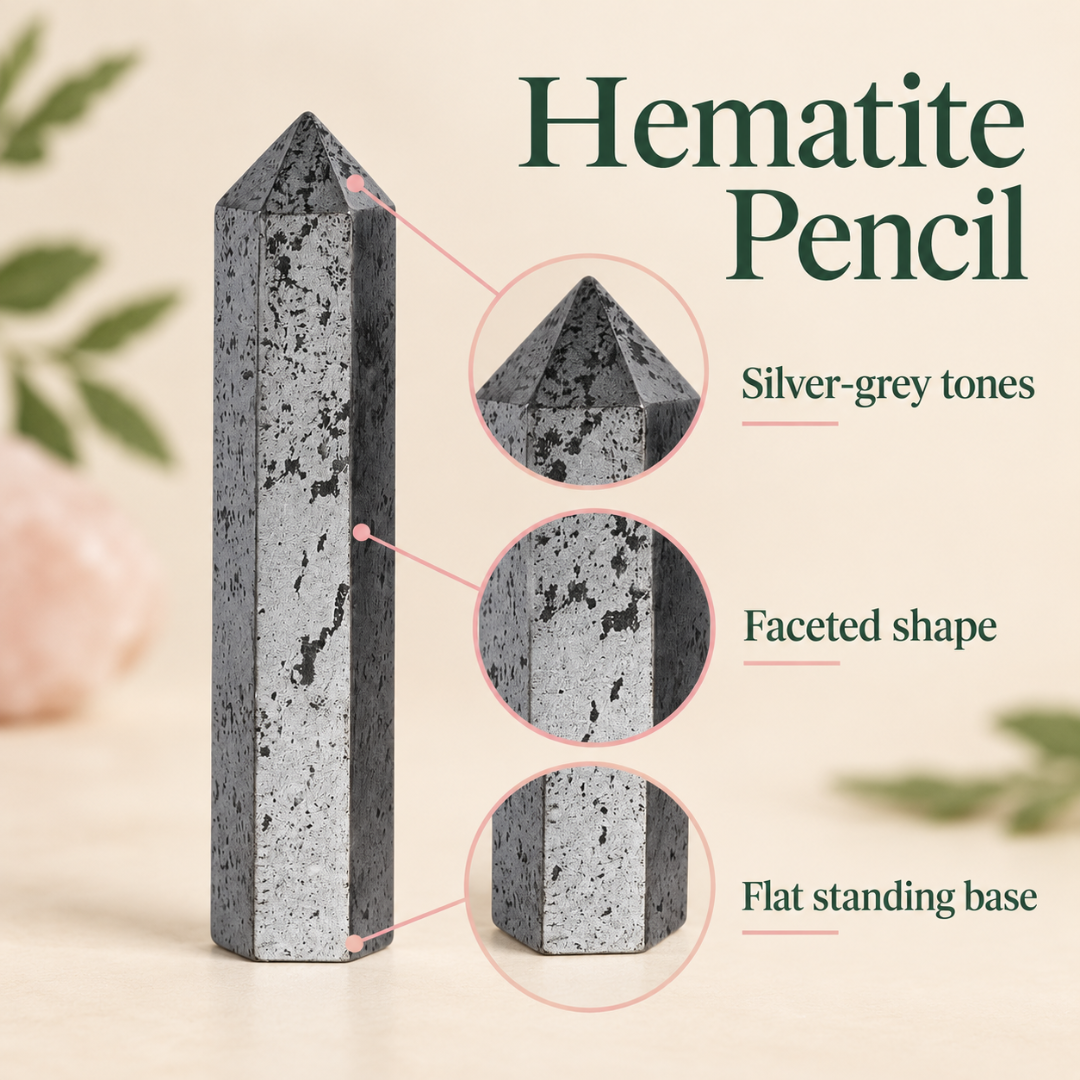 Natural Hematite Crystal Pencil – Polished Metallic Gemstone Point for Grounding, Protection, Mental Clarity, Focus, Confidence, Reiki, Meditation & Root Chakra Balancing