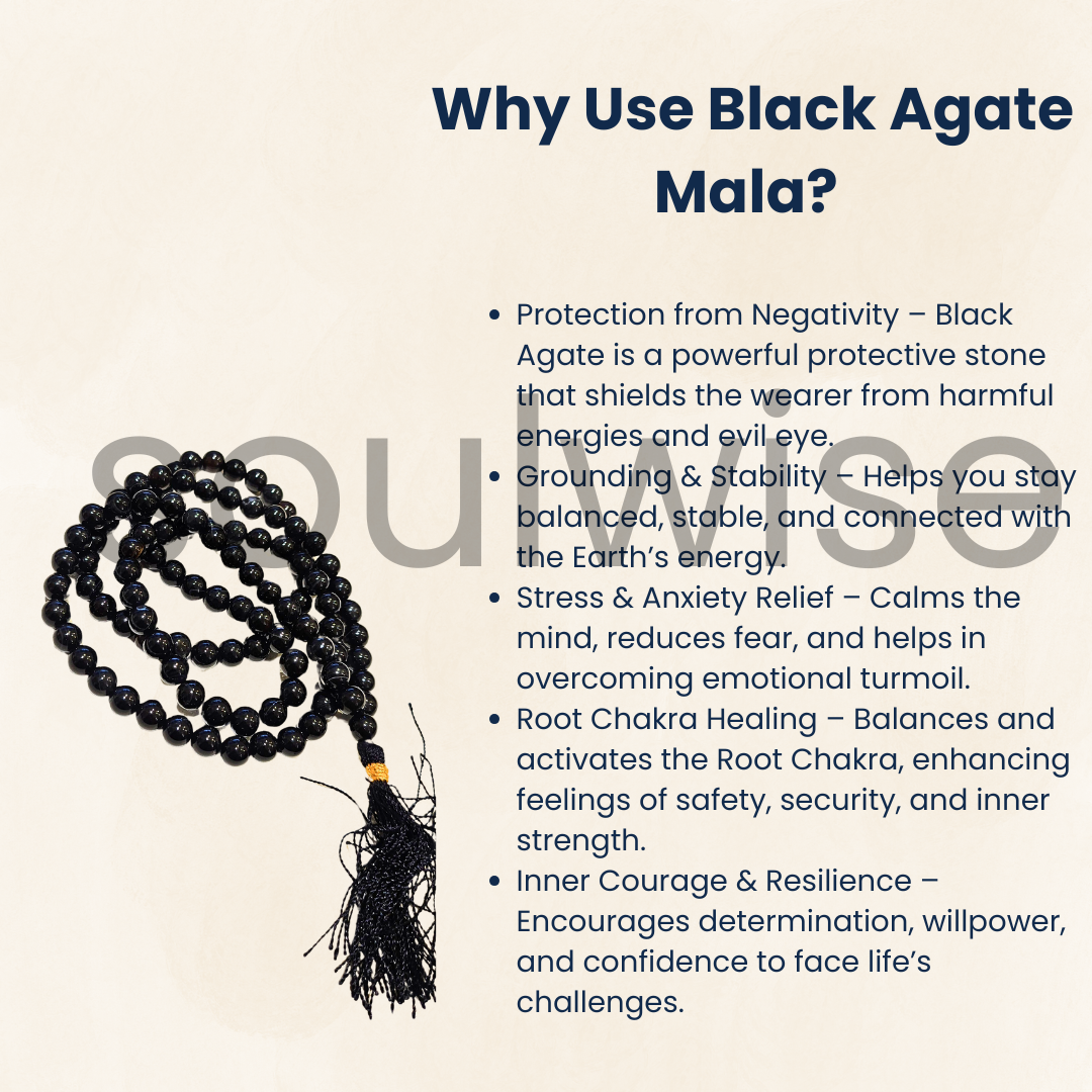 Soulwise Black Agate Mala Beads 108 – (Handmade Gemstone Japa Mala for Men & Women).