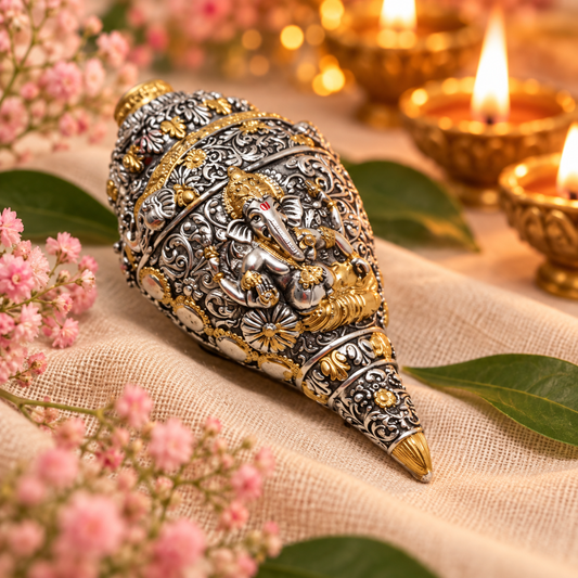 Antique Ganesh Shankh – Lord Ganesha Conch Showpiece for Home Mandir, Devotional Décor & Diwali Gifting 5", 680g