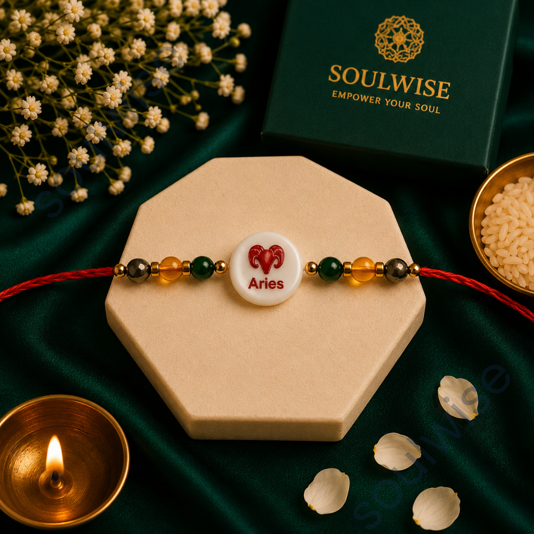 Money Magnet Aries Rakhi – Green Jade, Citrine, Pyrite & Mother of Pearl Zodiac Rakhi for Prosperity, Courage & Positive Energy