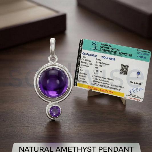925 Silver Round Amethyst Pendant – Certified Natural Gemstone Necklace for Calm, Protection & Spiritual Balance