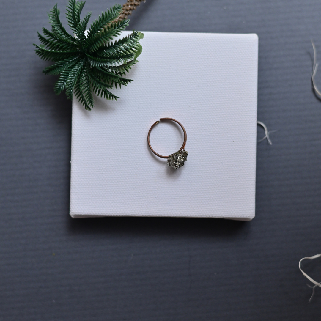 Pyrite crystal on copper ring, adjustable