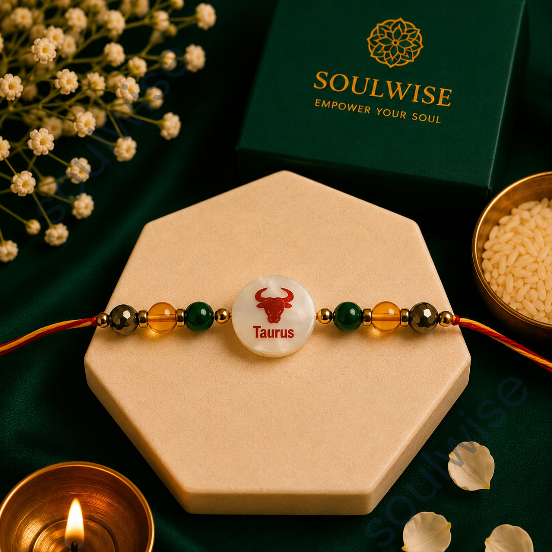 Money Magnet Taurus Rakhi – Green Jade, Citrine, Pyrite & Mother of Pearl Zodiac Rakhi for Prosperity, Stability & Positive Energy