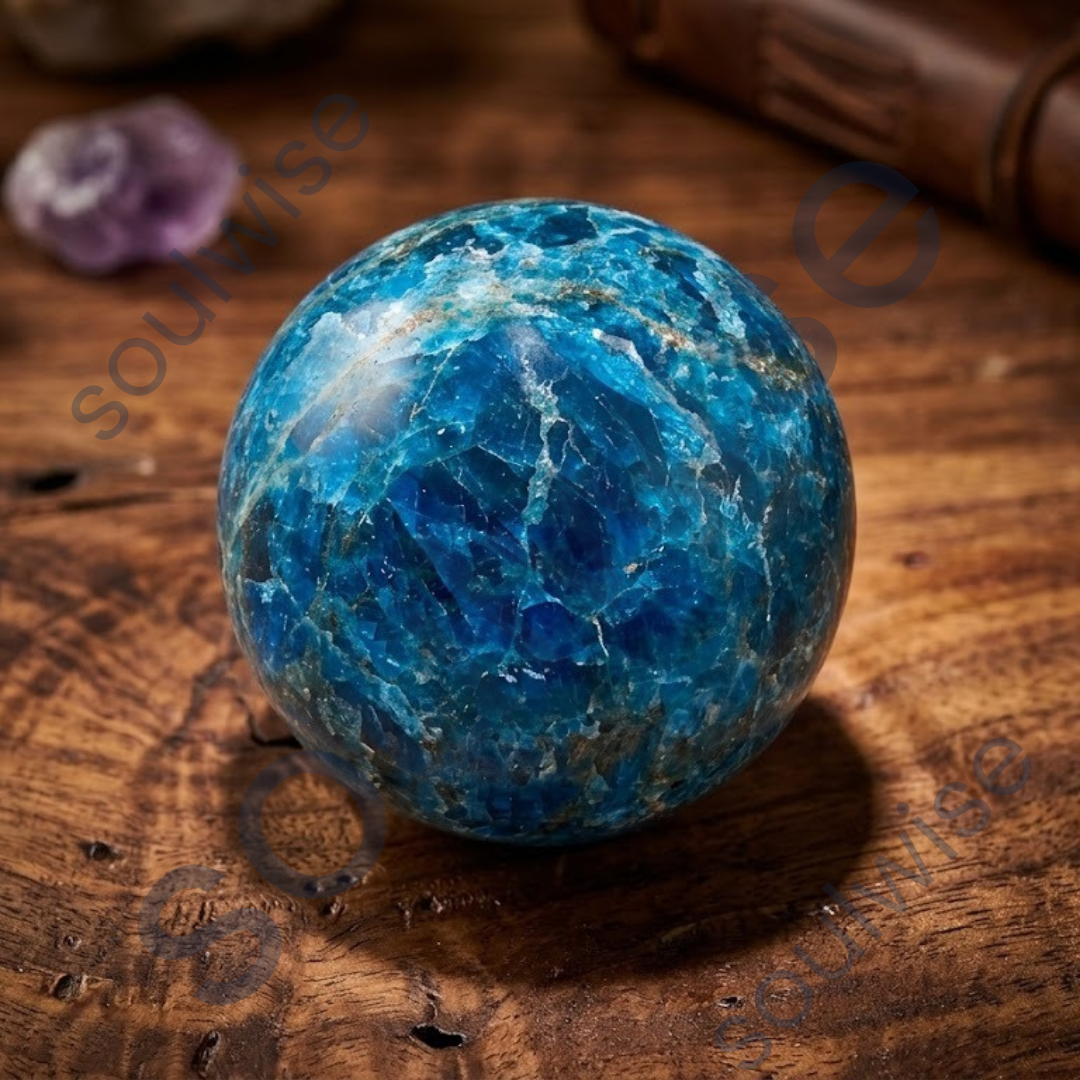 Blue Apatite Crystal Sphere (45–50mm) with Wooden Stand – Natural Healing Crystal Ball for Meditation, Reiki, Chakra Balancing & Home Décor