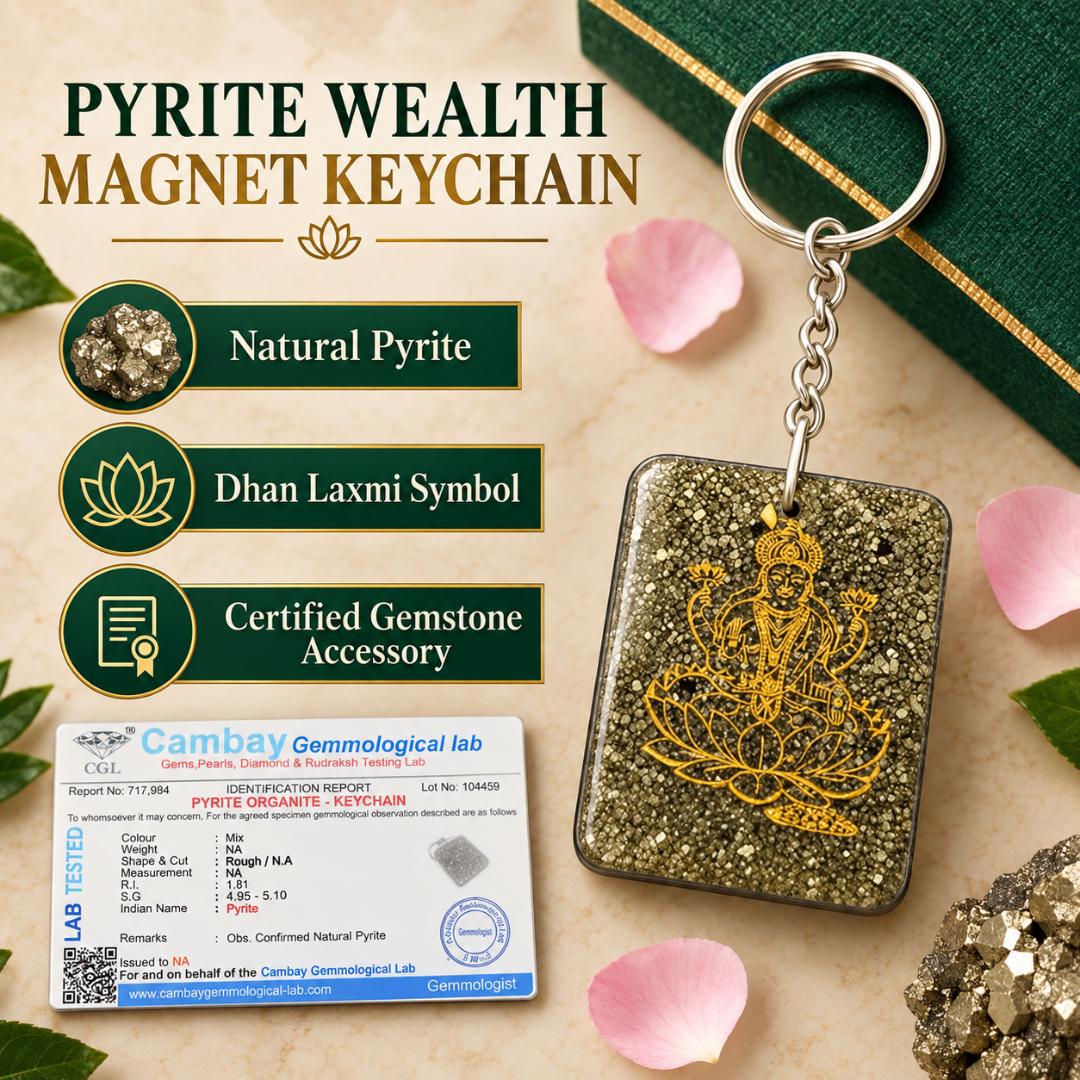 Pyrite Wealth Money Magnet Keychain with Laxmi Yantra – Crystal Keyring for Everyday Use & Spiritual Gifting