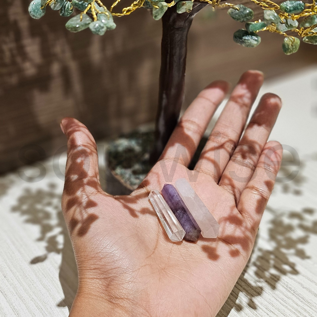 Soulwise Double Terminated Crystal Point Set – Clear Quartz, Rose Quartz & Amethyst – 3-Piece Crystal  Set