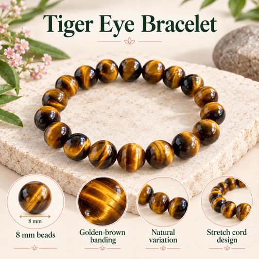 Tiger Eye Bracelet 8mm – Natural Healing Crystal Bracelet for Protection, Confidence, Courage, Wealth, Prosperity & Positive Energy | Men & Women