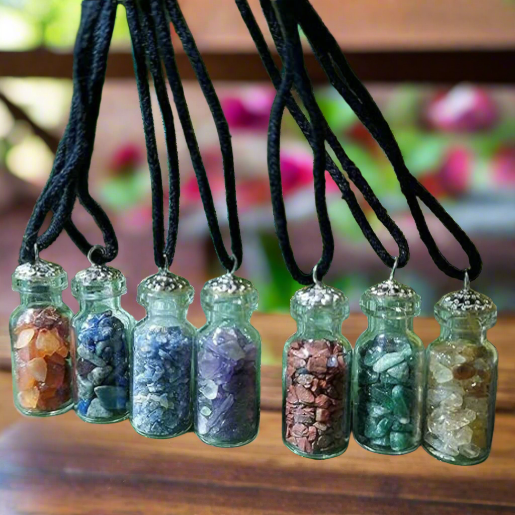 Soulwise Green Aventurine Mini Jar Necklace, Glass Wishing Chip Bottle Pendant, Natural healing crystal Pendant, Reiki Energized .