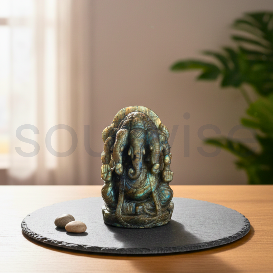 5 Mukhi Ganesh Labradorite Idol – Natural Healing Stone Statue for Protection, Intuition & Prosperity.