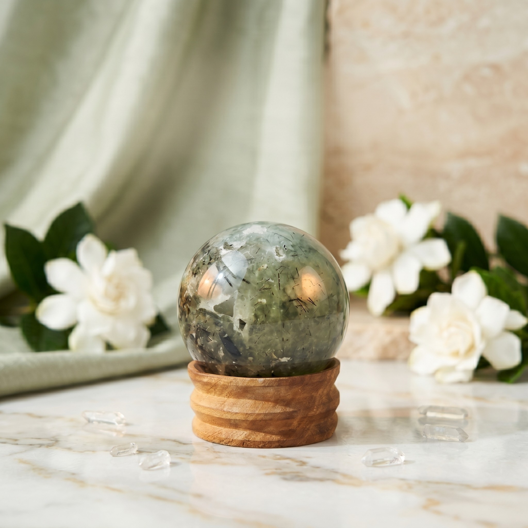 Prehnite Crystal Sphere (60–65mm) with Stand – Natural Healing Crystal Ball for Meditation, Reiki, Chakra Balancing & Home Décor