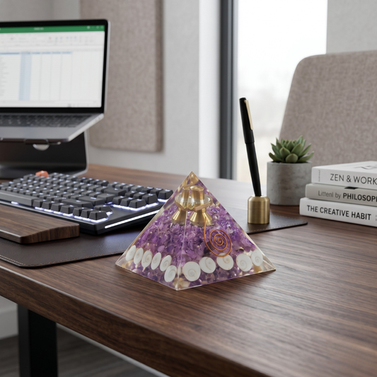 Amethyst Crystal Orgonite Pyramid – Spiritual Décor for Meditation Spaces, Home, Office Desk & Meaningful Gifting.