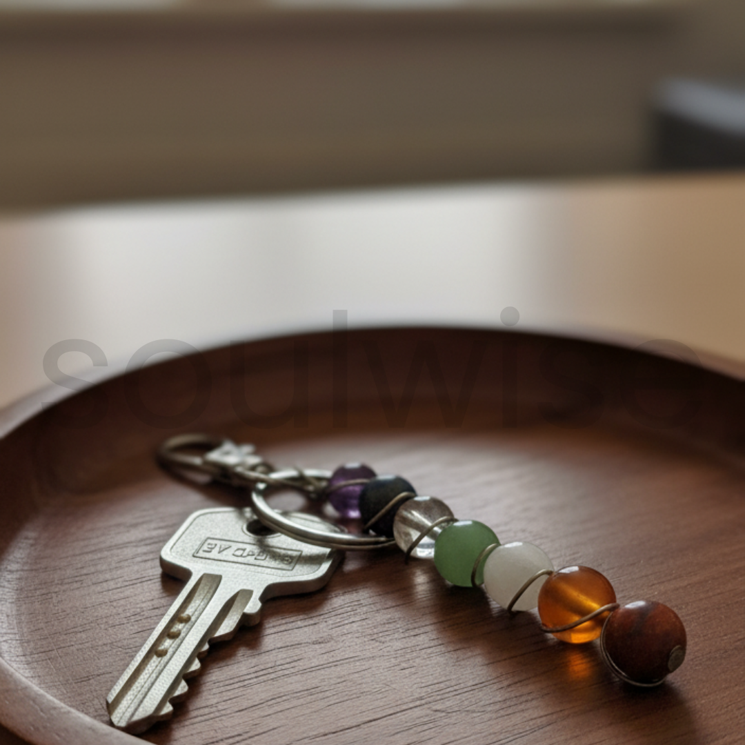 Seven Chakra Bead Keychain, with Random Golden or Silver Colour, Natural Gemstone Healing Keyring, for Positivity, Protection, and Good Energy