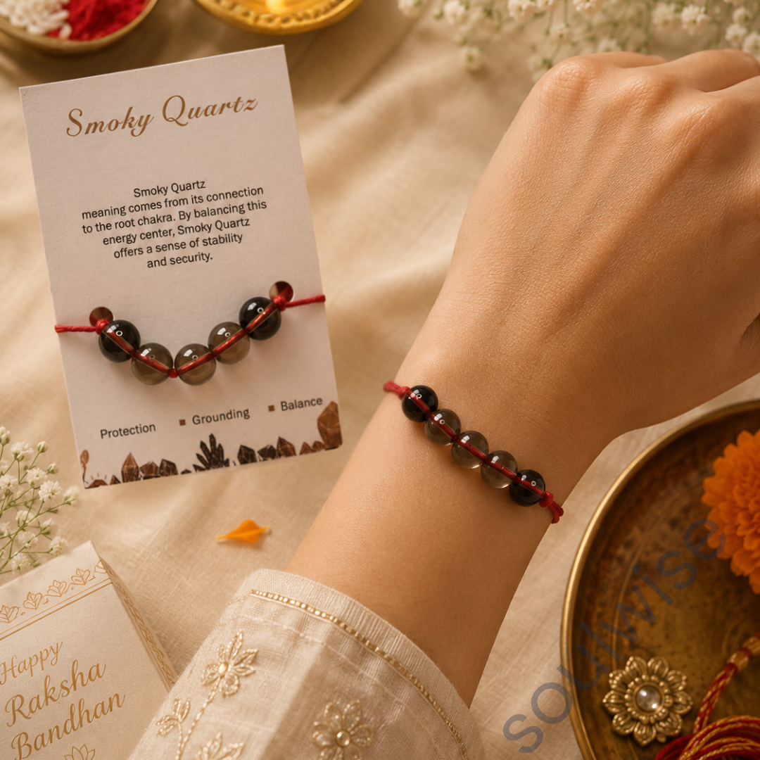 Smoky Quartz 5 Beads Rakhi – Natural Crystal Rakhi for Grounding, Protection, Emotional Balance & Positive Energy