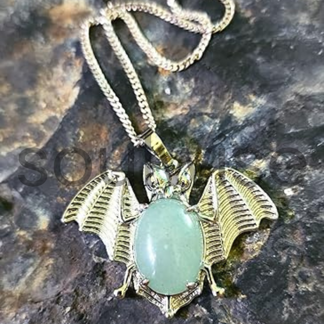 Green Aventurine Bat Symbol Pendant – Natural Crystal Necklace for Luck, Protection & Heart Chakra Energy – Unisex Spiritual Jewelry