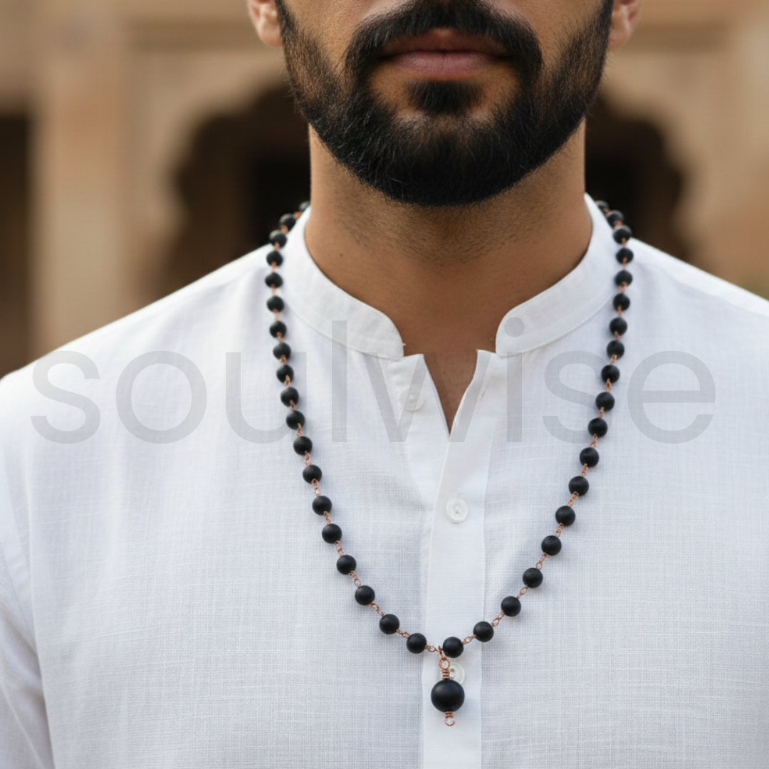 Soulwise Traditional Karungali Mala, Black Wooden Prayer Beads with Copper Chain Links, 54 Beads Meditation Rosary Necklace