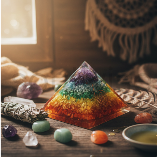 7 Chakra Multi-Layer Orgonite Pyramid with Natural Healing Crystals | Chakra Energy Generator for Positive Energy, Meditation & Reiki Healing | Spiritual Home Décor & Gift
