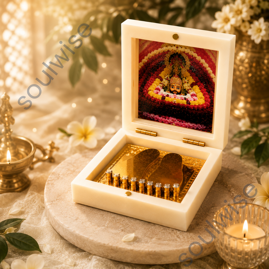 Jai Shree Shyam Golden Paduka Temple Box with Photo Frame – Khatu Shyam Ji Spiritual Décor & Divine Blessings Showpiece for Home, Office & Pooja Room (3x3 Inch)