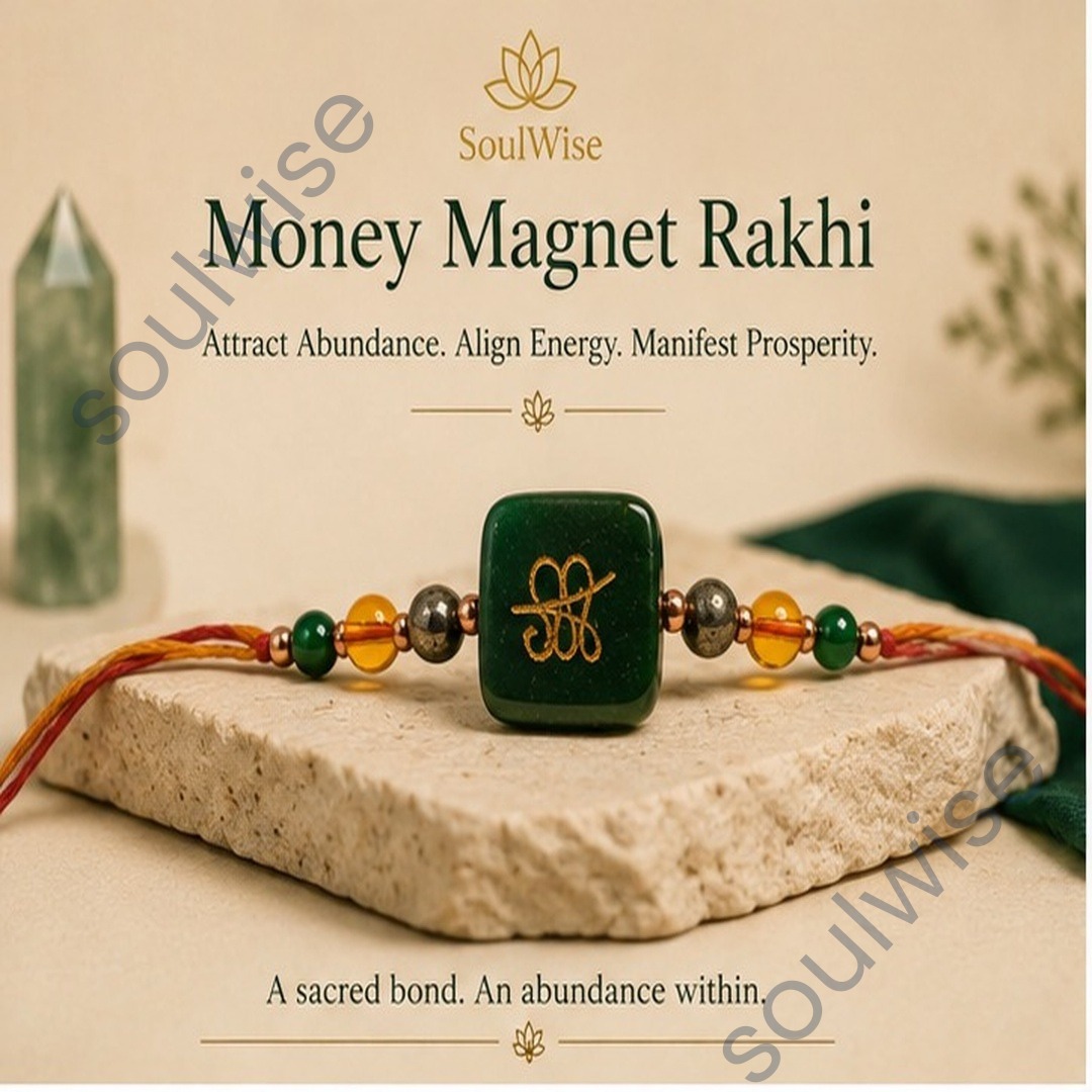 Money Magnet Rakhi with Zibu Symbol – Green Jade, Citrine & Pyrite Prosperity Rakhi for Abundance, Success & Positive Energy