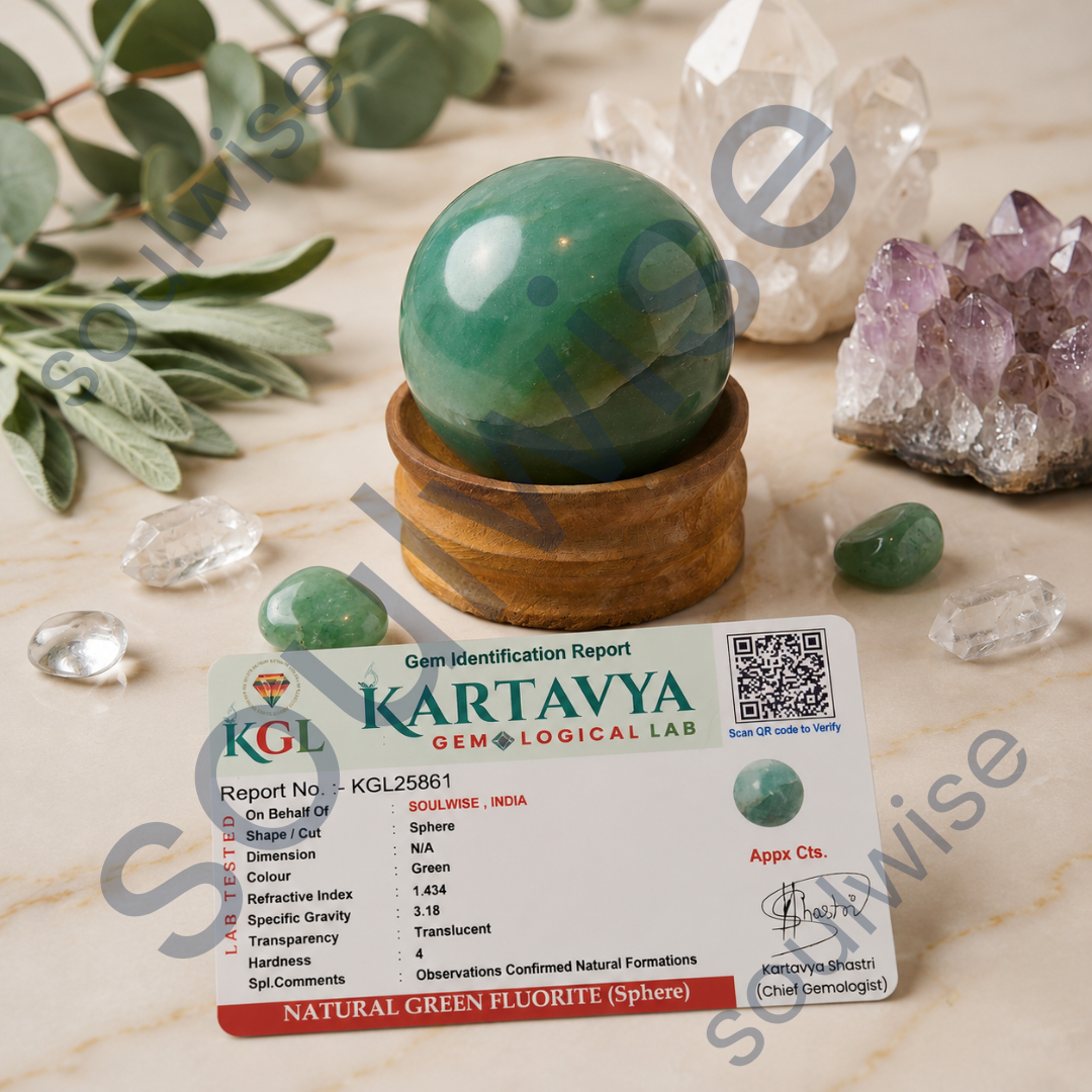 Green Fluorite Crystal Sphere (50–55mm) with Wooden Stand – Natural Healing Stone for Meditation, Chakra Balance, Focus & Home Décor