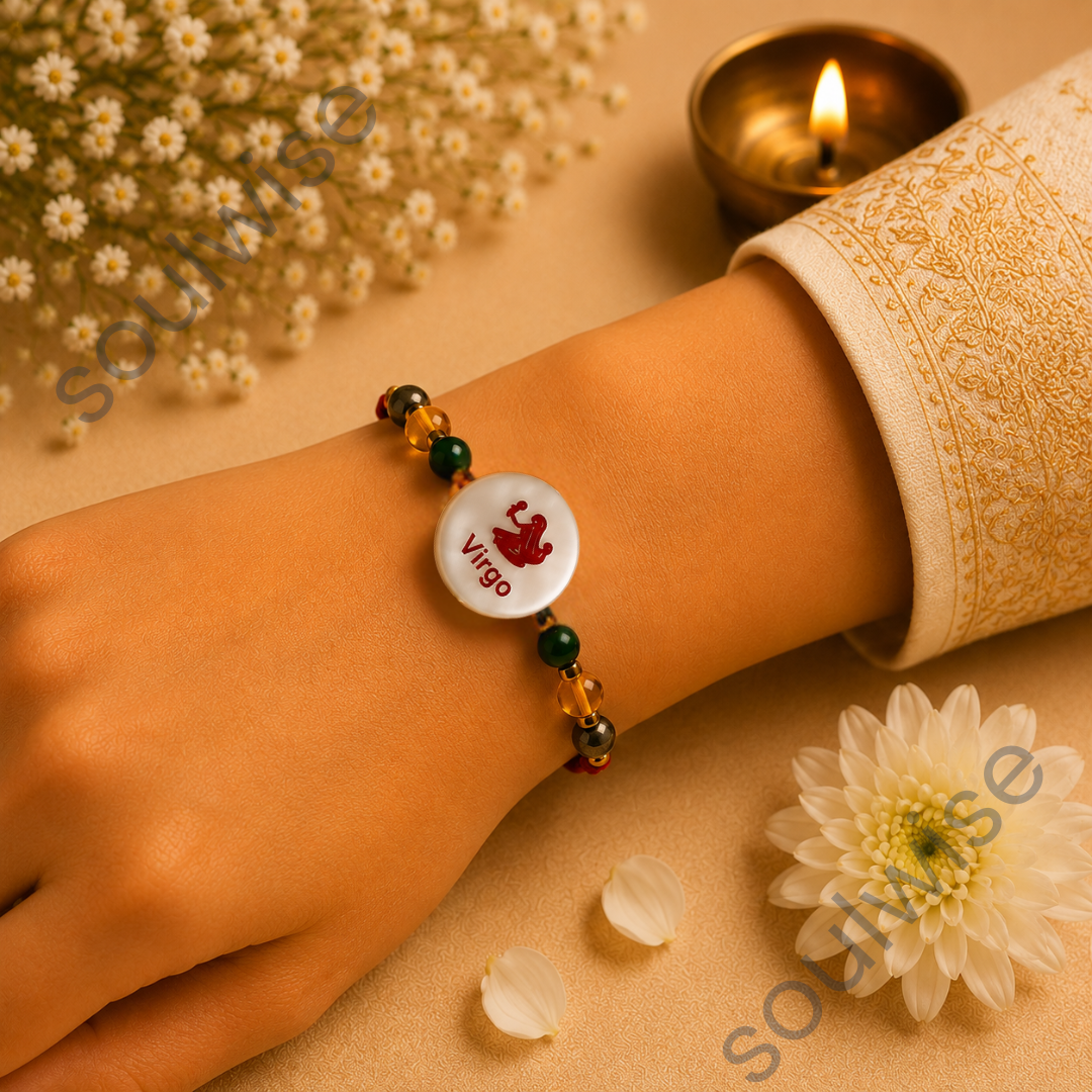 Money Magnet Virgo Rakhi – Green Jade, Citrine, Pyrite & Mother of Pearl Zodiac Rakhi for Prosperity, Clarity & Positive Energy