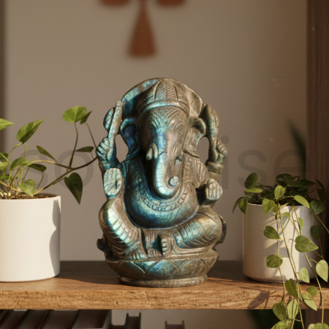 Labradorite Ganesha, Hand-Carved Crystal Idol, 818g, Spiritual Decor, Protection, Home Altar, Office Desk, Gift for Crystal Lovers
