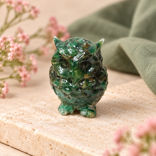 Green Aventurine Owl – Natural Crystal Owl for Prosperity, Wisdom, Good Luck & Positive Energy | Spiritual Home & Office Décor