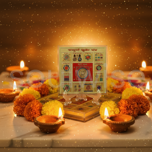 Diwali Sampoorna Kuber Yantra – Gold-Plated Prosperity Yantra with Stand for Wealth, Vastu & Puja.