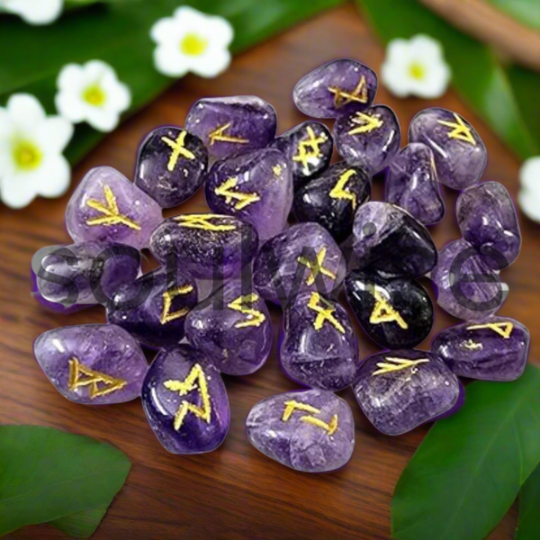 Amethyst Rune Stone Set – Hand-Carved Crystal Runes for Divination, Tarot Reading, Witchcraft, and Spiritual Guidance – Includes Velvet Pouch