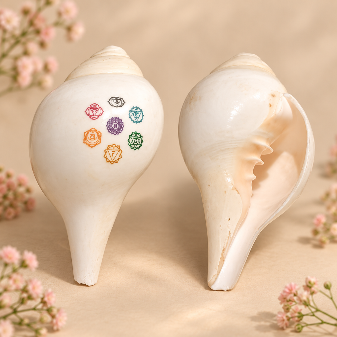 Seven Chakra Shankh – Chakra-Themed Decorative Conch for Home Mandir, Meditation Space & Spiritual Gifting
