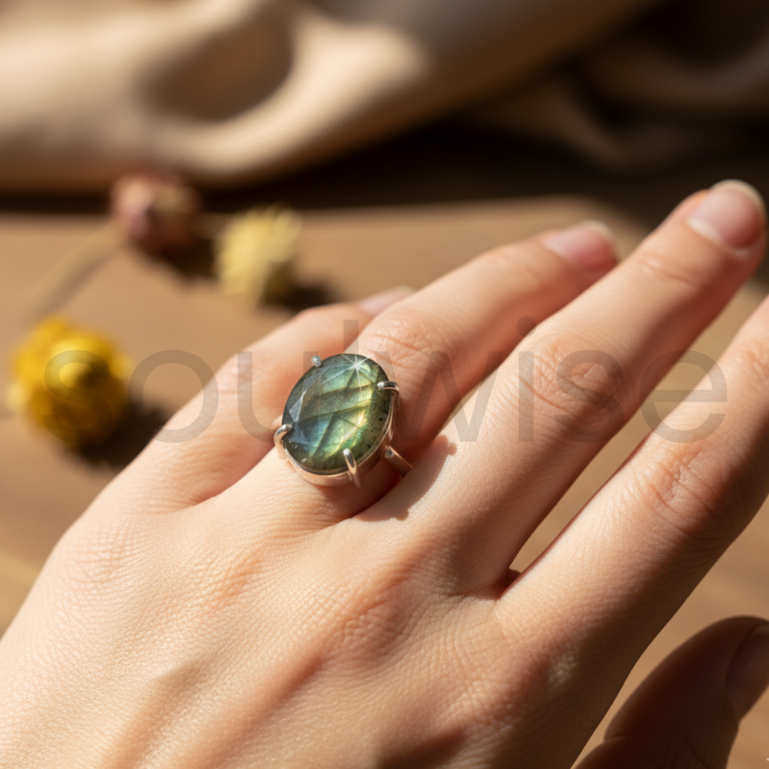 Labradorite Gemstone Ring, Certified, Adjustable