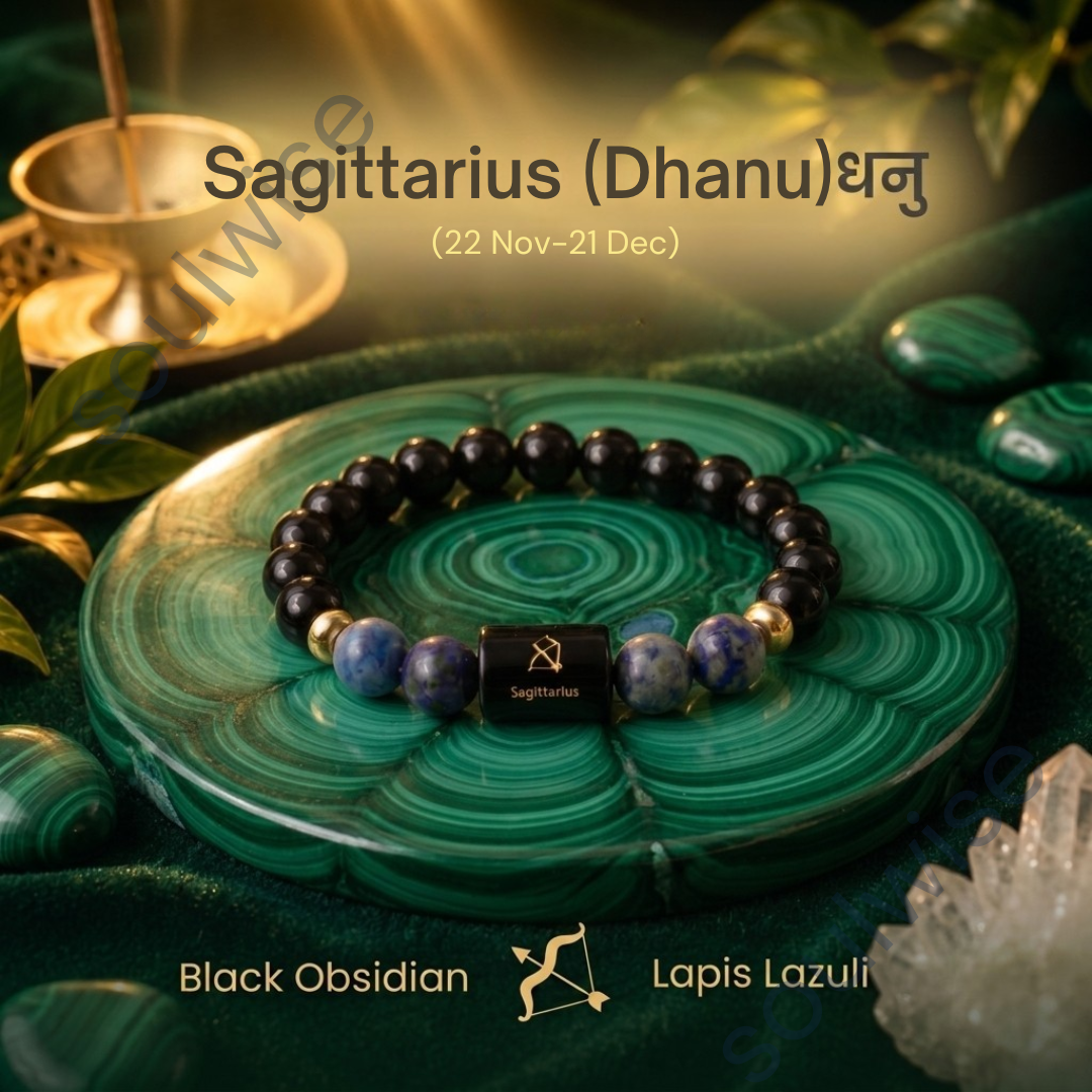 Sagittarius (Dhanu Rashi) Zodiac Bracelet – Natural Black Obsidian & Lapis Lazuli Crystal Bracelet for Wisdom, Protection & Confidence