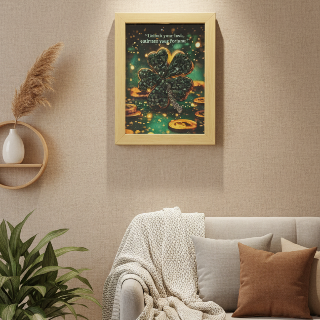 5-Leaf Clover Crystal Art, Green Aventurine & Pyrite Wall Hanging, 24 x 16 x 8 cm, Good Luck Charm with Quote