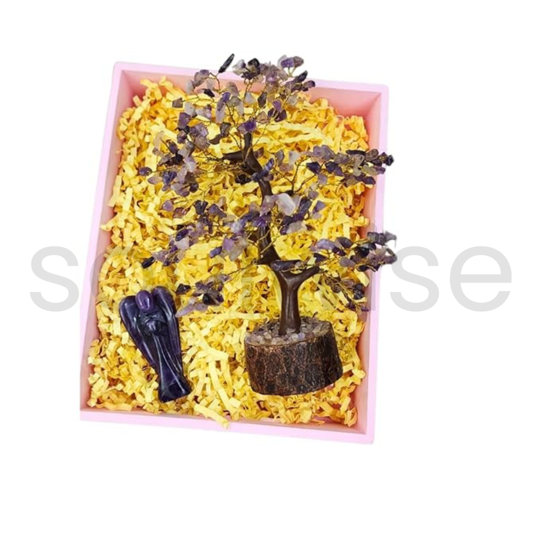 Amethyst Crystal Tree with 3 Angel Figurines – 8" Handmade Gemstone Bonsai Tree for Healing, Home Decor & Spiritual Energy – Reiki, Chakra Balancing, Gift for Meditation Lovers