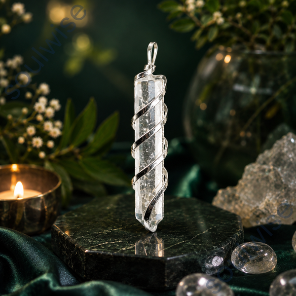 Clear Quartz Spiral Pencil Pendant – Natural Sphatik Crystal Healing Necklace for Reiki, Vastu, Chakra Balancing & Positive Energy