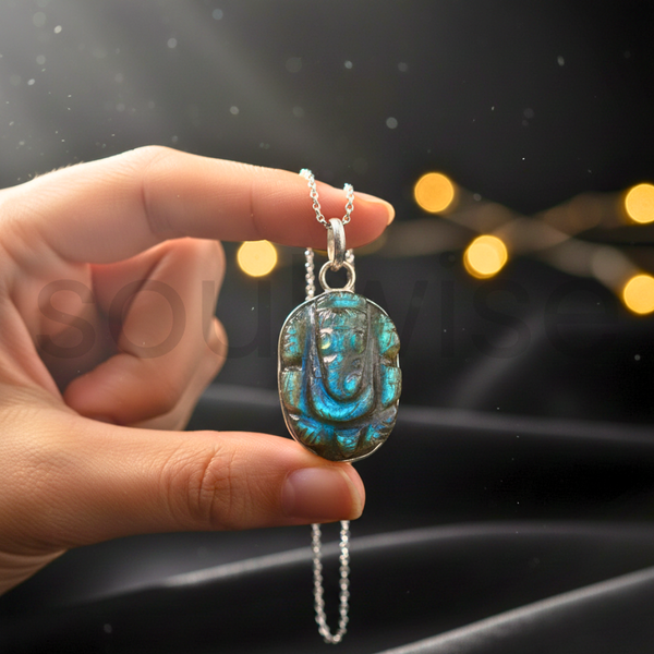 Labradorite Ganesha Pendant – Hand-Carved Natural Crystal Ganesh Necklace for Protection, Intuition & Spiritual Growth