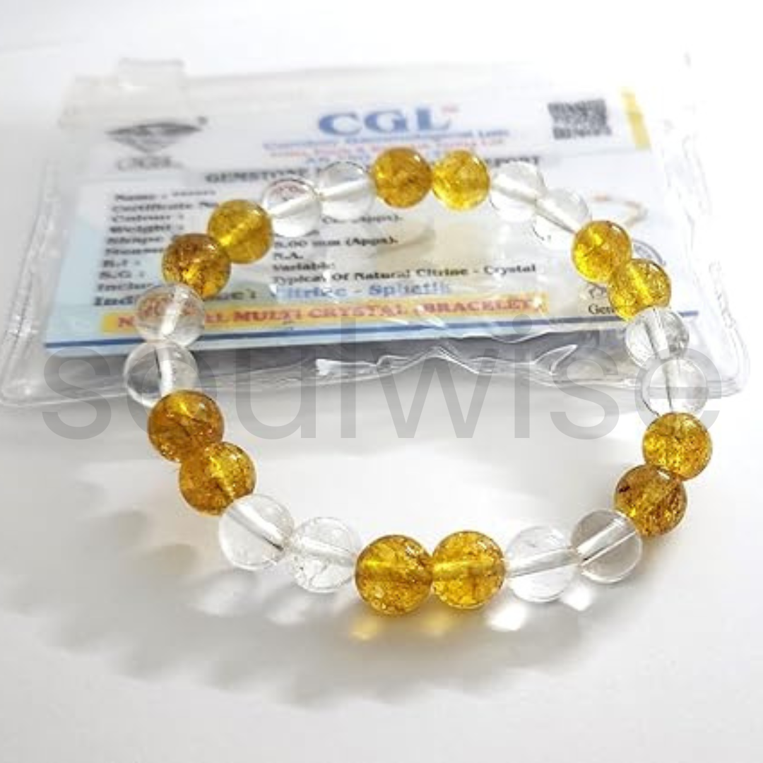 Citrine & Clear Quartz Bracelet – 8mm Natural Gemstone Beads for Positivity, Clarity & Prosperity