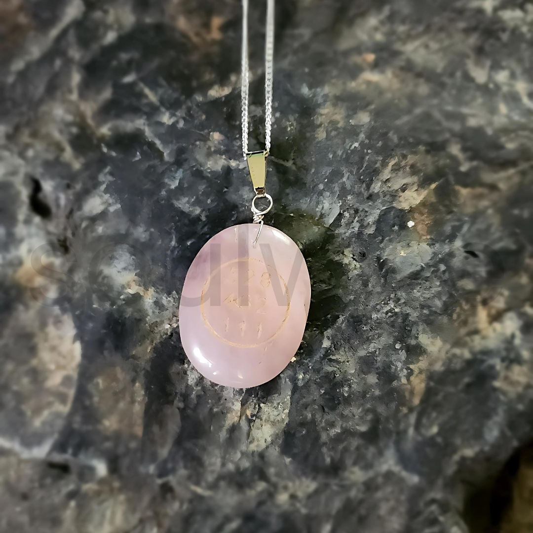 Soulwise Rose Quartz Angelic Symbol Pendant with Numbers 528 432 111, Certified, love symbol.