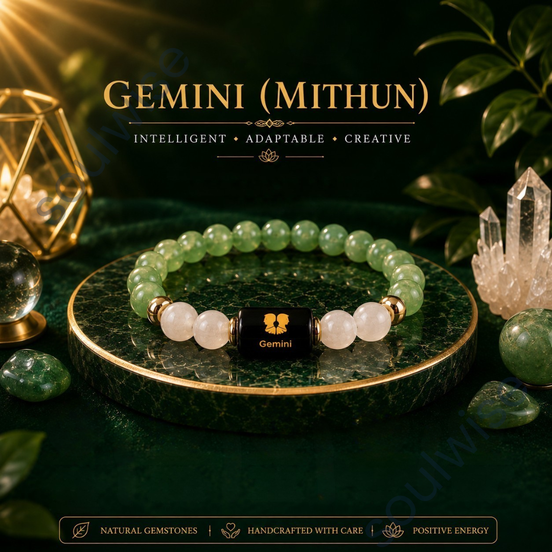 Gemini (Mithun Rashi) Zodiac Bracelet – Natural Green Aventurine & Clear Quartz Crystal Bracelet for Growth, Clarity & Positive Energy