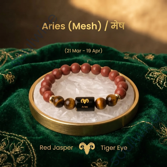 Aries (Mesh Rashi) Zodiac Bracelet – Natural Red Jasper & Tiger Eye Crystal Bracelet for Courage, Confidence & Strength