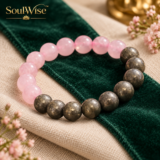 Rose Quartz & Pyrite Crystal Bracelet with 10mm Beads – Pink & Golden-Toned Gemstone Jewellery for Men & Women.