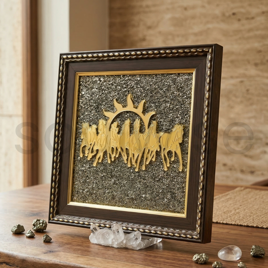 Seven Horses with Rising Sun Wall Frame on Natural Pyrite Base -Symbol of Success & Prosperity.